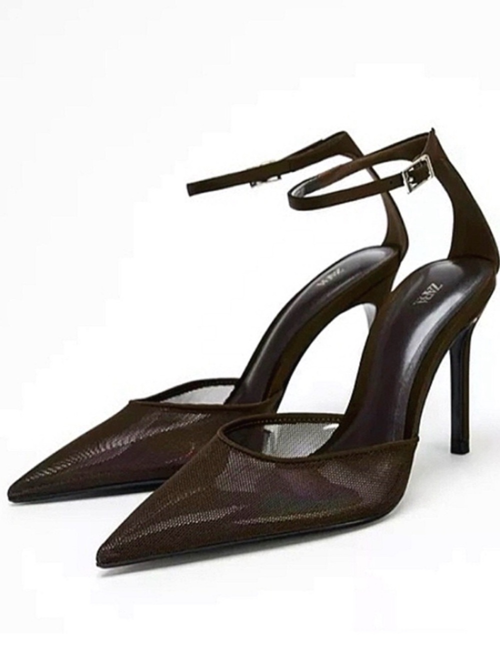 ZARA Dark Brown Mesh Pointed-Toe Ankle-Strap Stiletto Heels